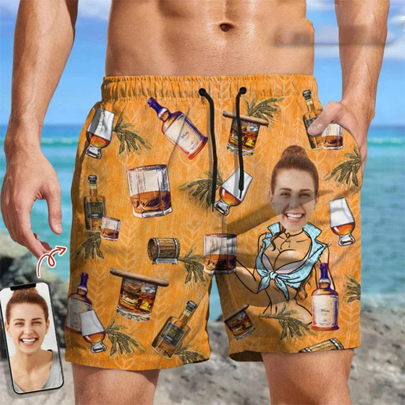 Pantalones cortos Hawaianos para hombre y mujer, Shorts de playa con estampado de cara personalizado 3D, ropa de calle a la moda, divertidos, para nadar, para el día de la cerveza