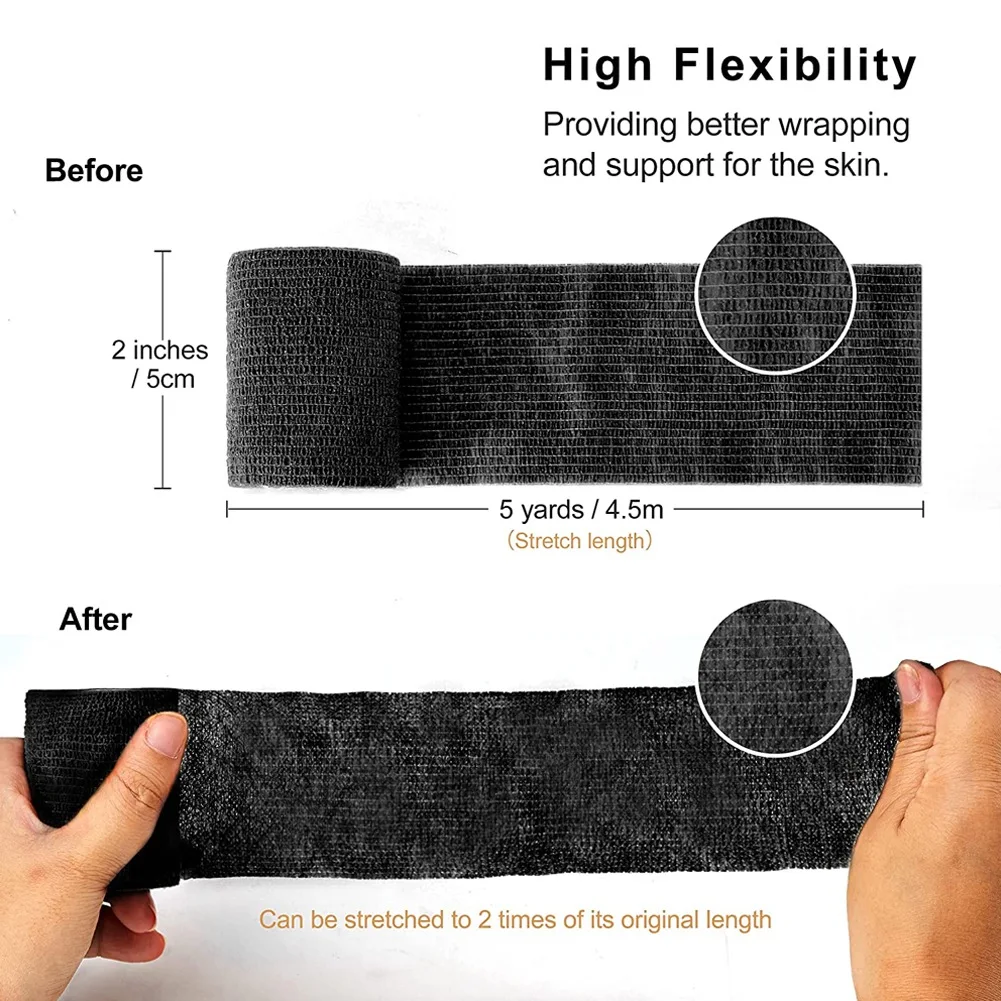 12 Pcs Black Elastic Self-Adhesive Bandage 5 cm Sports Fixed Elastic Bandage for Sports Injuries and Pet Treatment XQ