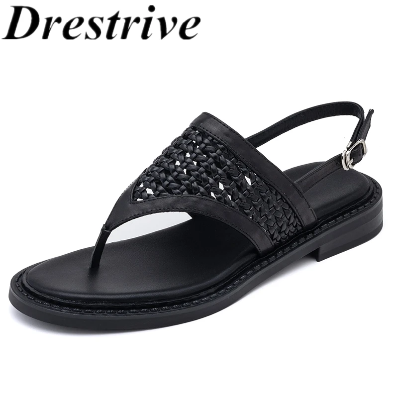 

Drestrive 2025 New Arrival Women's Sandals Cow Leather Round Toe Thick Low Heels Weave Buckle Handmade Summer Shoes Silver