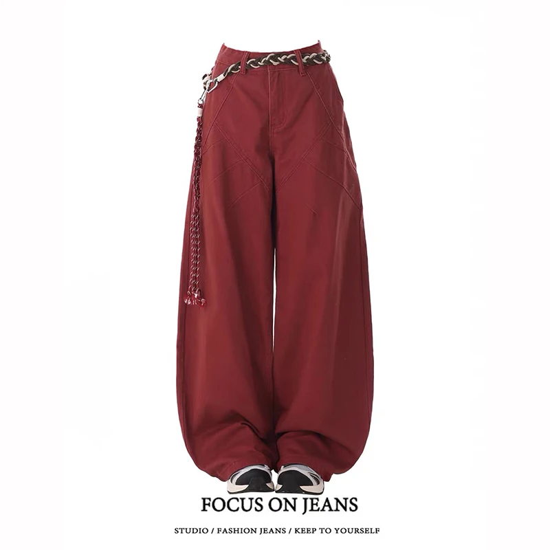 

ZHIZOU Women's Red Y2k Baggy Jeans Harajuku Aesthetic Japanese 2000s Style Denim Trousers Vintage Cargo Pants Trashy Clothes