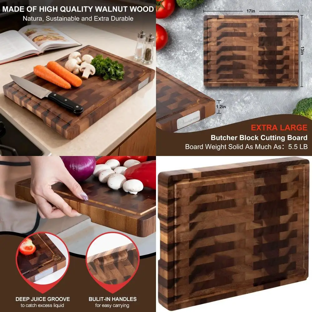 

17x13 Inch Premium Walnut End Grain Cutting Board with Juice Groove and Built-in Handle for Kitchen Use