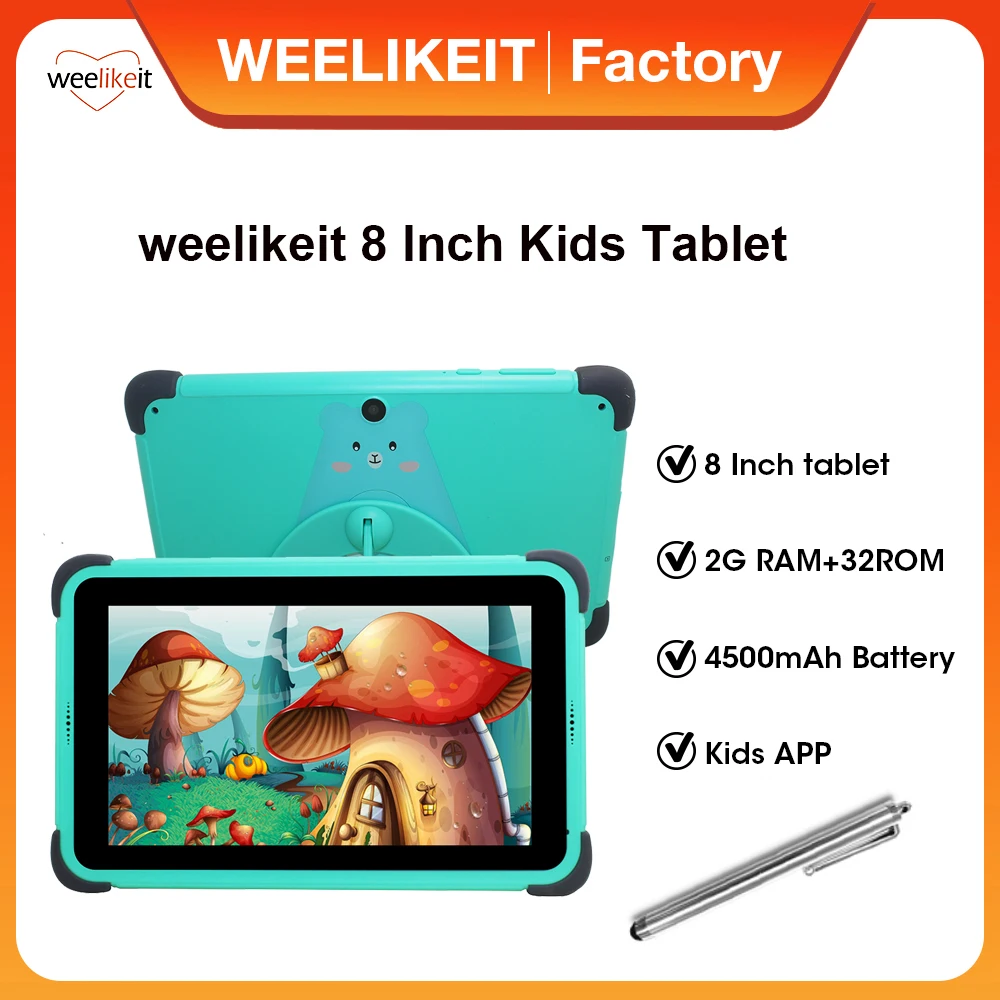 Weelikeit Groen Kids Tablet 8 ''Android 11 1028X800 Hd 2Gb Ram 32Gb Rom Kinderen Tablet Voor Kinderen 4500Mah Dual Camera Quad Core