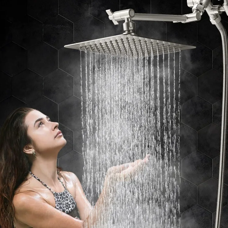 All Metal 8 Inch Dual Square Shower Head with Handheld Combo, Rain Shower Head, Adjustable Extension Arm, Smooth 3-Way Diverter