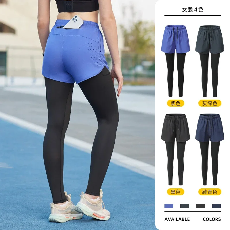 Women Quick Dry Yoga Sports Gym Pants with Shorts 2 in 1 Fitness Training Workout Running Tights Leggings Pockets Sweatpants