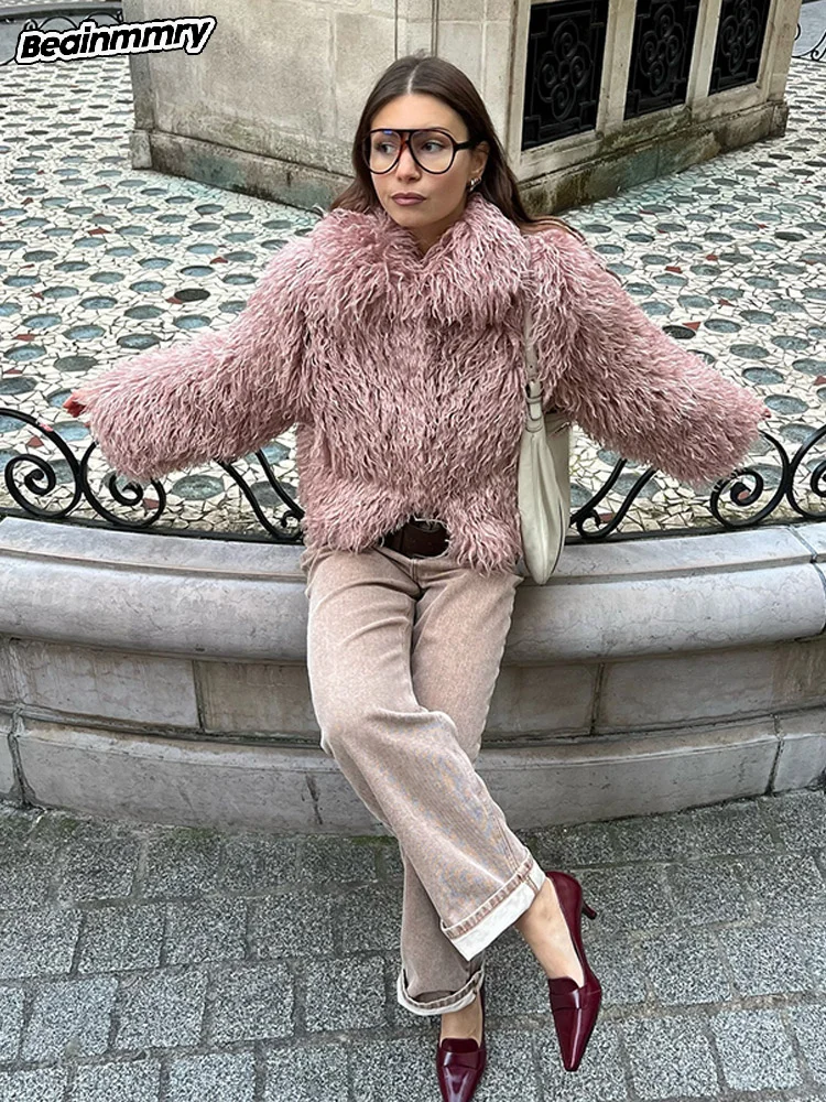 2024 Woman Pink Artificial Fur Fluffy Short Coat Loose Long Sleeve Lapel Hidden Buttons Jacket Lady Winter Fashion Streetwears