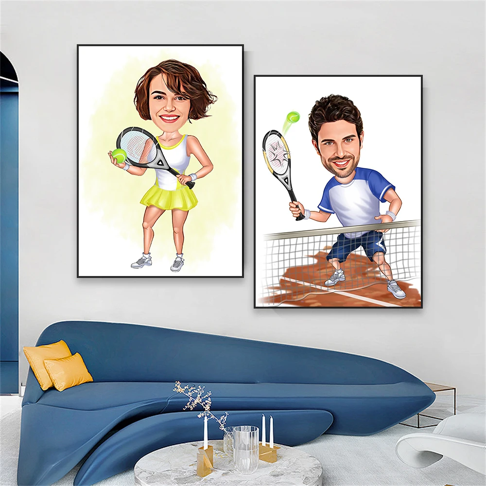 Custom Tennis Player Cartoon Portrait Poster Male Woman Cartoon Prints Personalized Inspirational Caricature Canvas Painting