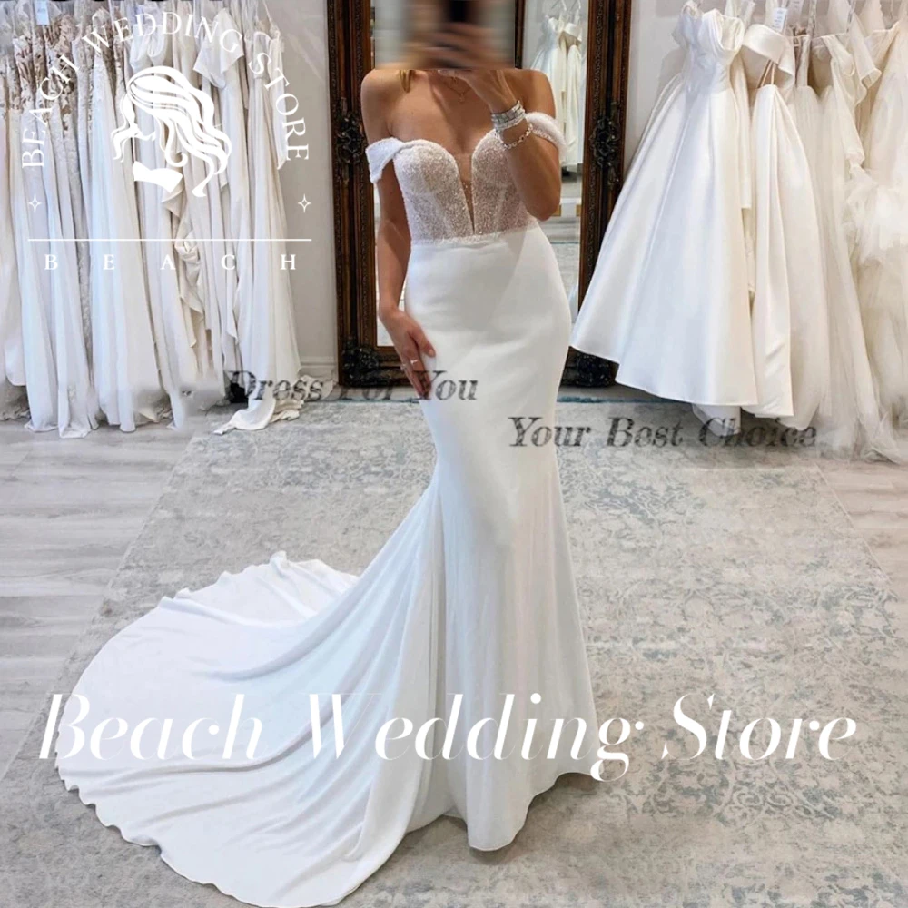 Beach Customized Vintage Mermaid Wedding Dresses Elastic Satin Sparkly Off Shoulder Bridal Gowns Backless Shiny 2024 Bride Dress