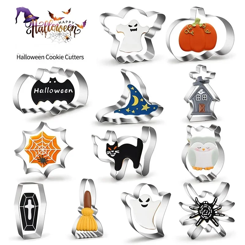New 12pcs Halloween Cookie Cutter Mold Pumpkin Ghost Bat Biscuit Chocolate Mold Baking Cake Decorating Tool Halloween Party Supp
