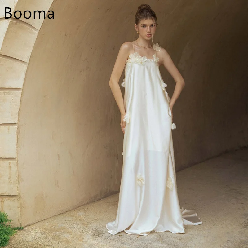 

Booma A-Line Spaghetti Strap Flowers Long Satin Wedding Dresses Simple Elegant Brides Gown Custom Made 2025