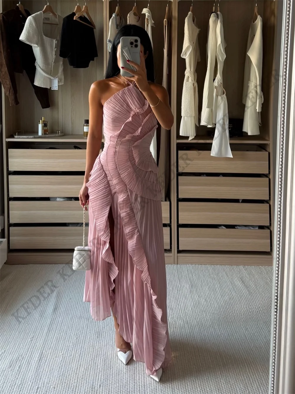 Newest Layers Pink Prom Dresses Strapless Draped Pleats Party Gowns Side Slit Ankle Length Evening Dresses 2027 Customized