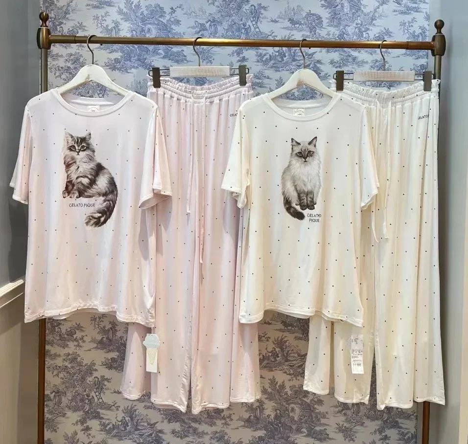 Summer Autumn New Ice Cream Cute Cartoon Cat Polka Dot Pajamas Women's Modal Cotton Short-sleeve Top Trousers Pajamas Sleepwear