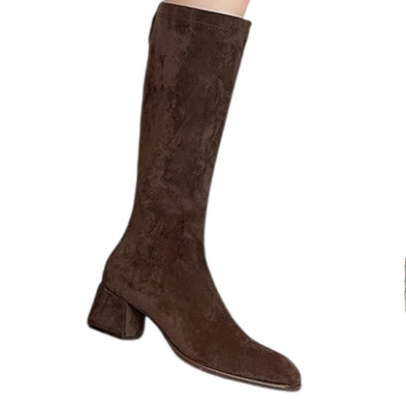 Wildleder Damen Hohe Stiefel Winter High Heels Elegante Frau Stiefel Mode Chunky Frauen Schnee Stiefel 2025, Marke Walking Weibliche Zapatos