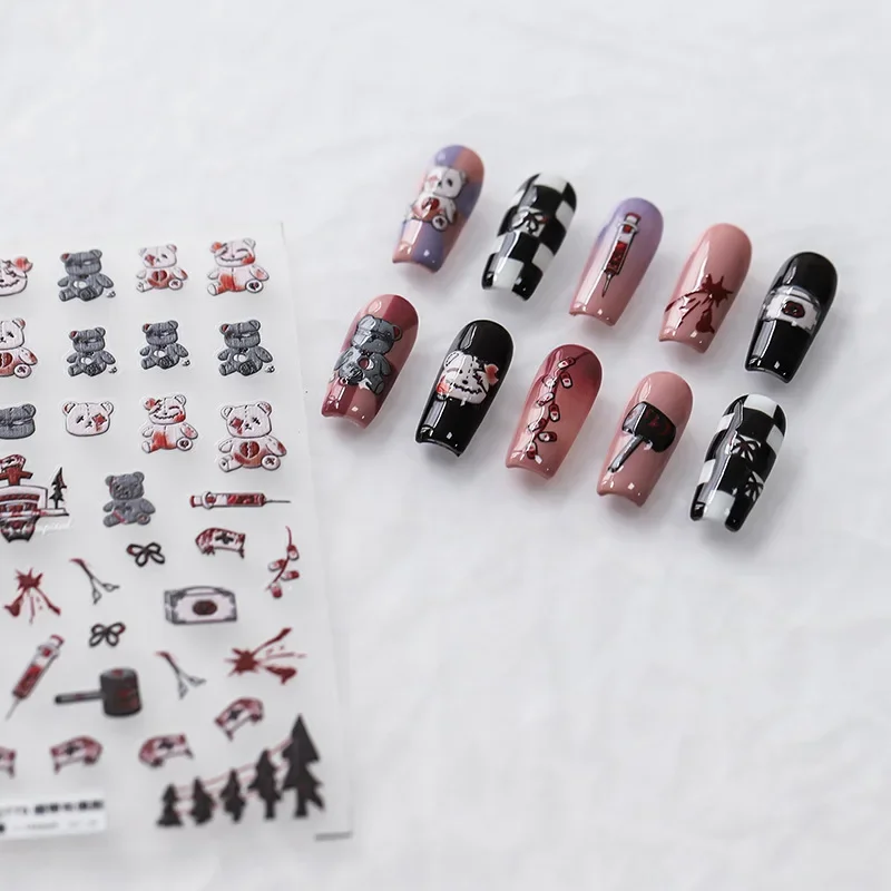 

Heartbreak Bear Bleed Dark Nail Stickers Y2K Gothic Style Nails Art Nurse Bear Nail Accessories Embossed 5D Nail Decal for Girls