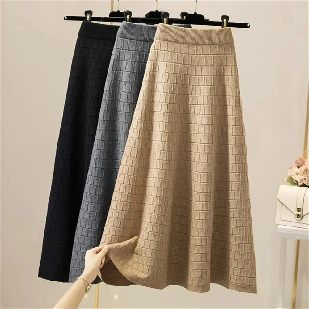 

Elastic High Waist Knitted Skirt Women Autumn Winter Thicken Fashion Plaid Solid Color A-Line Bag Hip Black Sweater Long Skirt