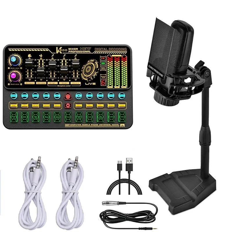 Equipamento de estúdio de gravação profissional de alta qualidade suporta 2 microfones e 2 telefones interface de placa de som USB para podcasting