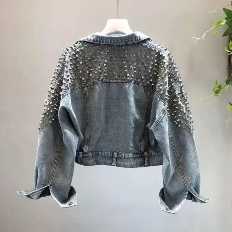 Spring Women Rivets Denim Jacket Diamonds Beaded Short Washed Jeans Coat Long Lantern Sleeve Double Pockets Cowboy Cardigan Tops