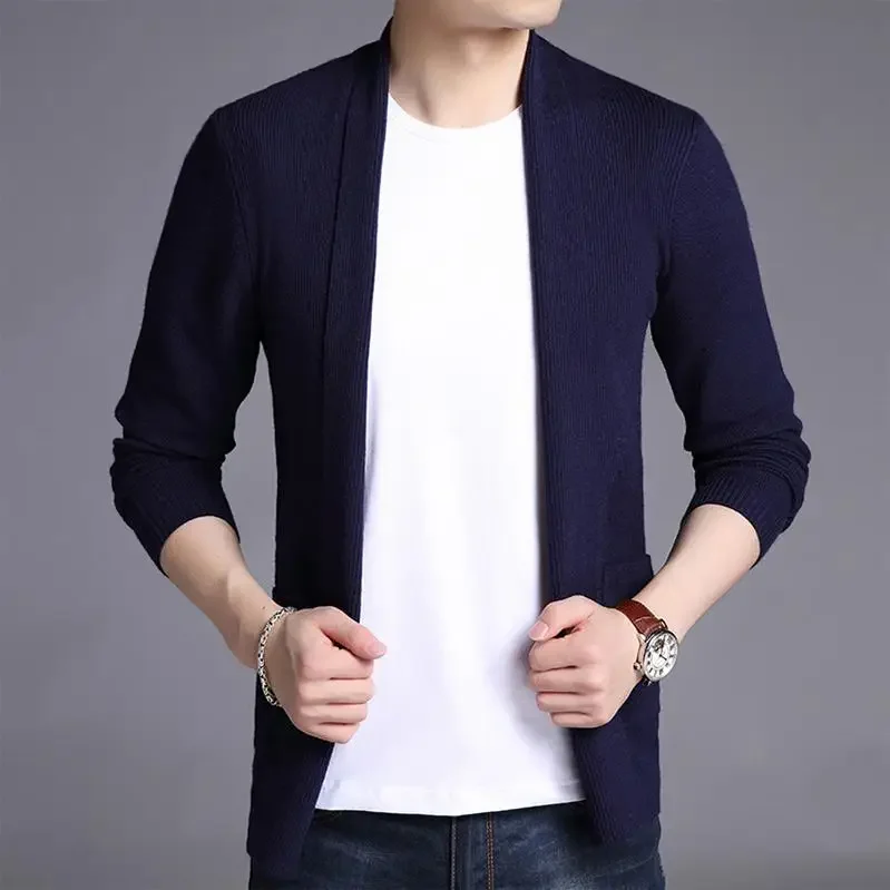 2025 Spring Autumn Fashion Men's Solid Color Slim Casual Trendy Long Sleeve Turn-down Collar Knitted Sweater Coat Male Clothes