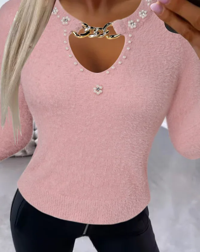 

Women's Casual Chain Pearls Decor Fuzzy Knitted Top Temperament Commuting Female Clothing Winter New Fashion Women Sweater