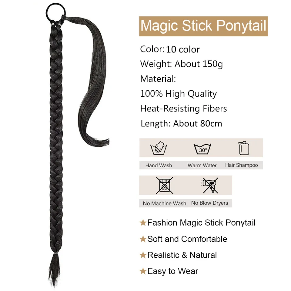 Black Star Black Long Braided Ponytail Extension  Soft Synthetic Hair Piece For Women with  Tie Straight Wrap Around Stretched