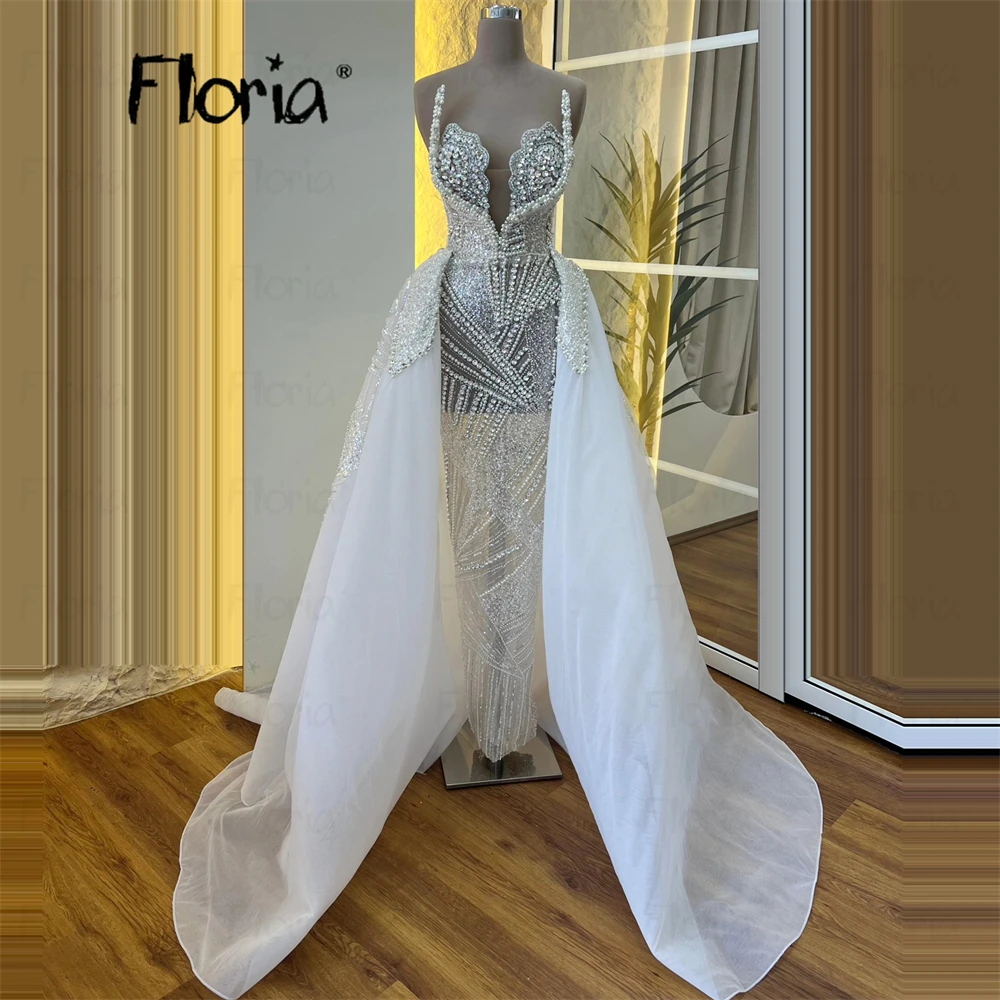 Illusion Design White Evening Dress Customized Heavy Beaded Pearls Wedding Party Giwns Bride Overskirt Formal Dresses Aso Ebi