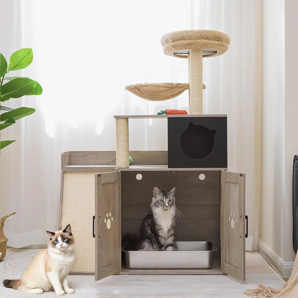 

Litter Box Enclosure with Cat Tree, 46" Hidden Litter Box with Sisal Scratching Ladder and Storage, Modular Wooden, Customized