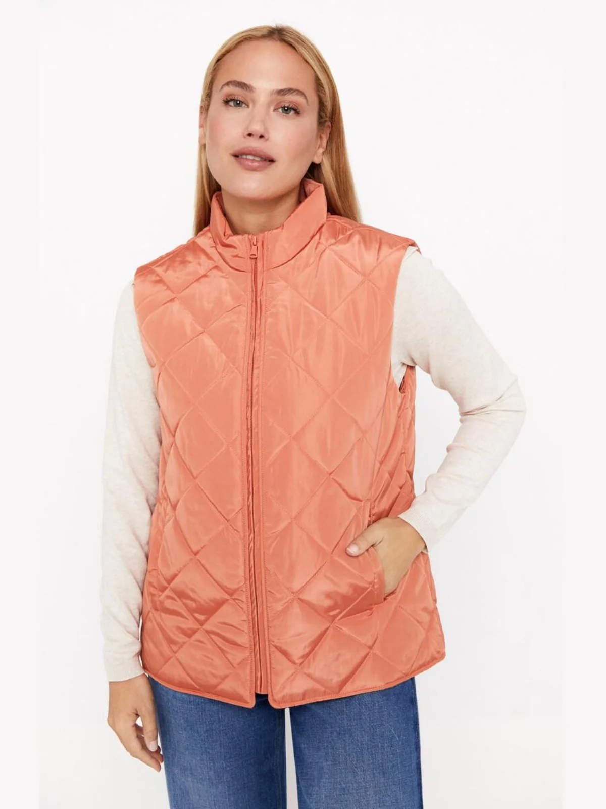 Thin Diamond Pattern Quilted Stand Collar Windproof Water Resistant Vest Jacket Women's Fashion Autumn Winter Polyester Fiber