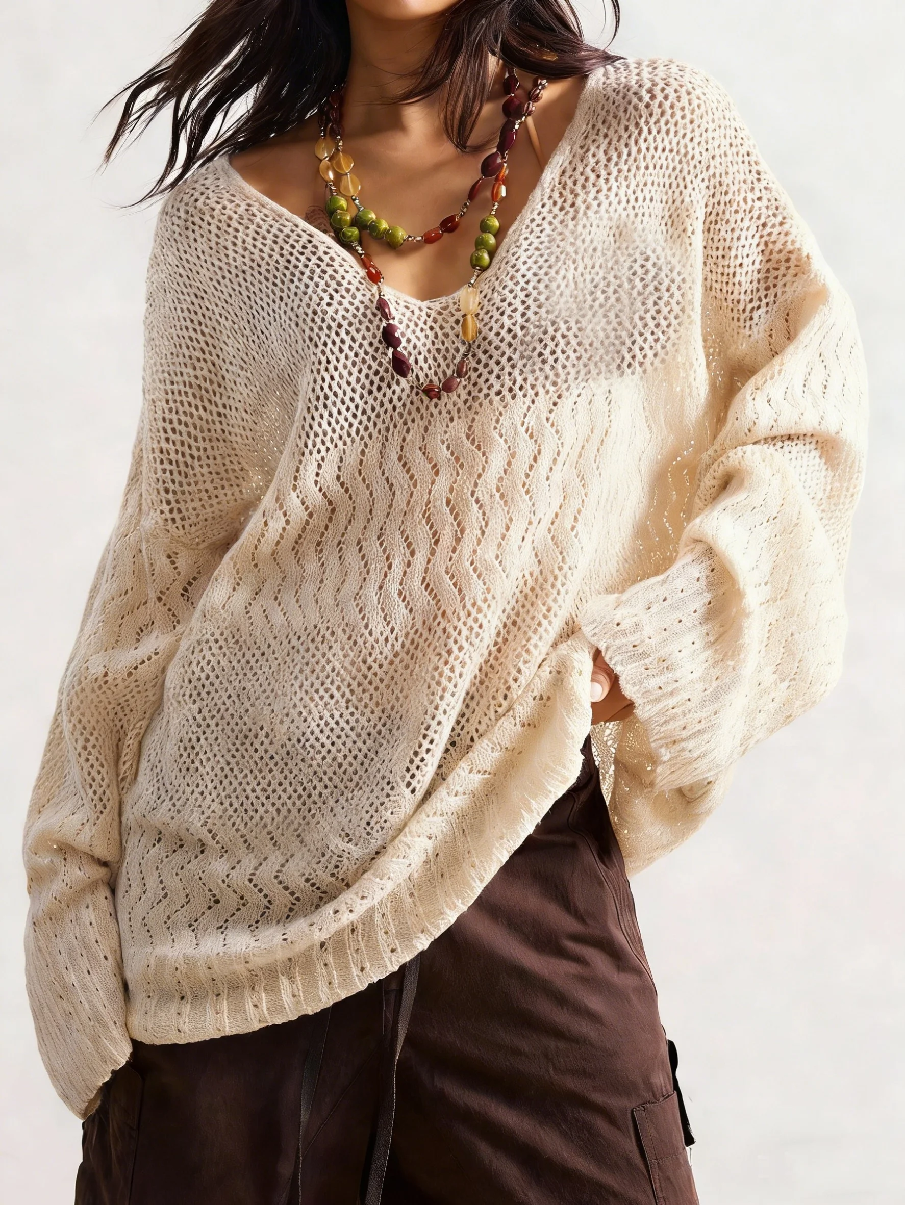 

Women's Solid Color Hollow Out Knitted Long Sleeve Sweater Knitted Pullover, Casual Holiday Autumn Top, Spring Summer