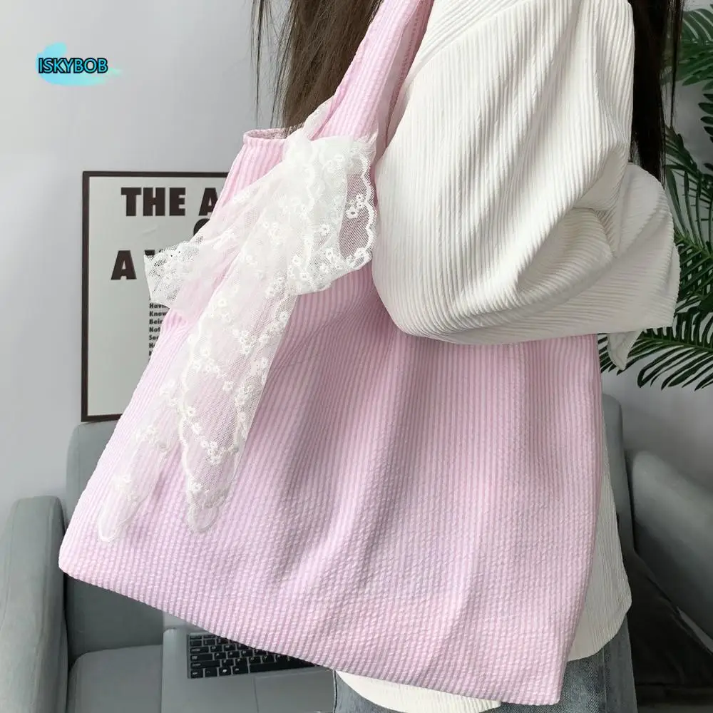 

Canvas Striped Shoulder Bag With Lace Ribbon Korean Style Canvas Hobo Bag Fresh Color Literary Style Large Capacity Underarm Bag