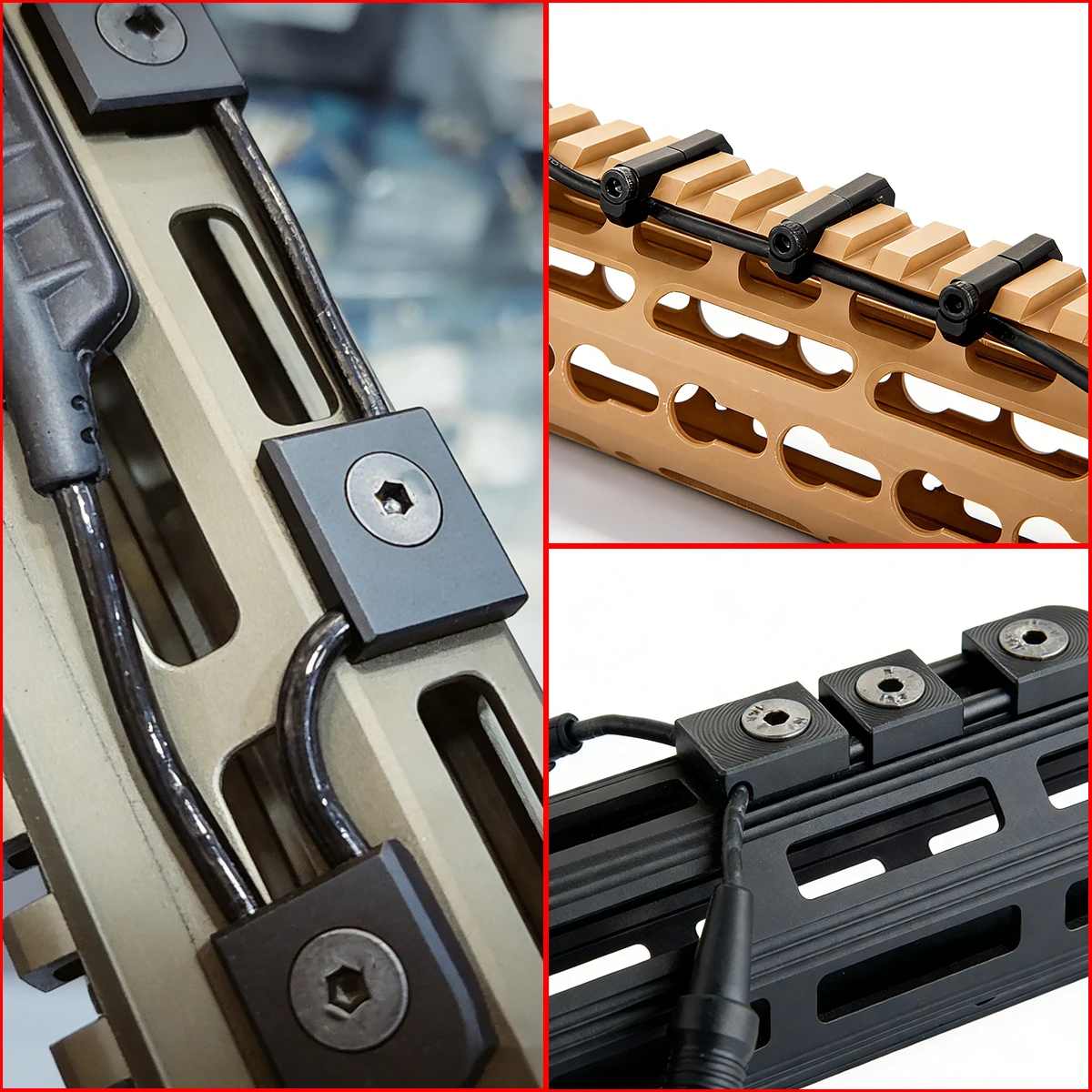 

Тактический комплект из 3-х элементов: система направляющих для кабелей M-LOK, крышка для кабель-менеджмента, направляющая для кабелей на рельс Picatinny, фиксатор для кабелей на рукоятке, для страйкбола