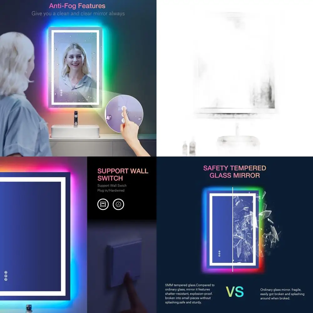 

Светодиодное зеркало для ванной комнаты с регулируемой яркостью, противотуманное, RGB-подсветкой и передним освещением, настенное зеркало для туалетного столика 24x36 с функцией памяти