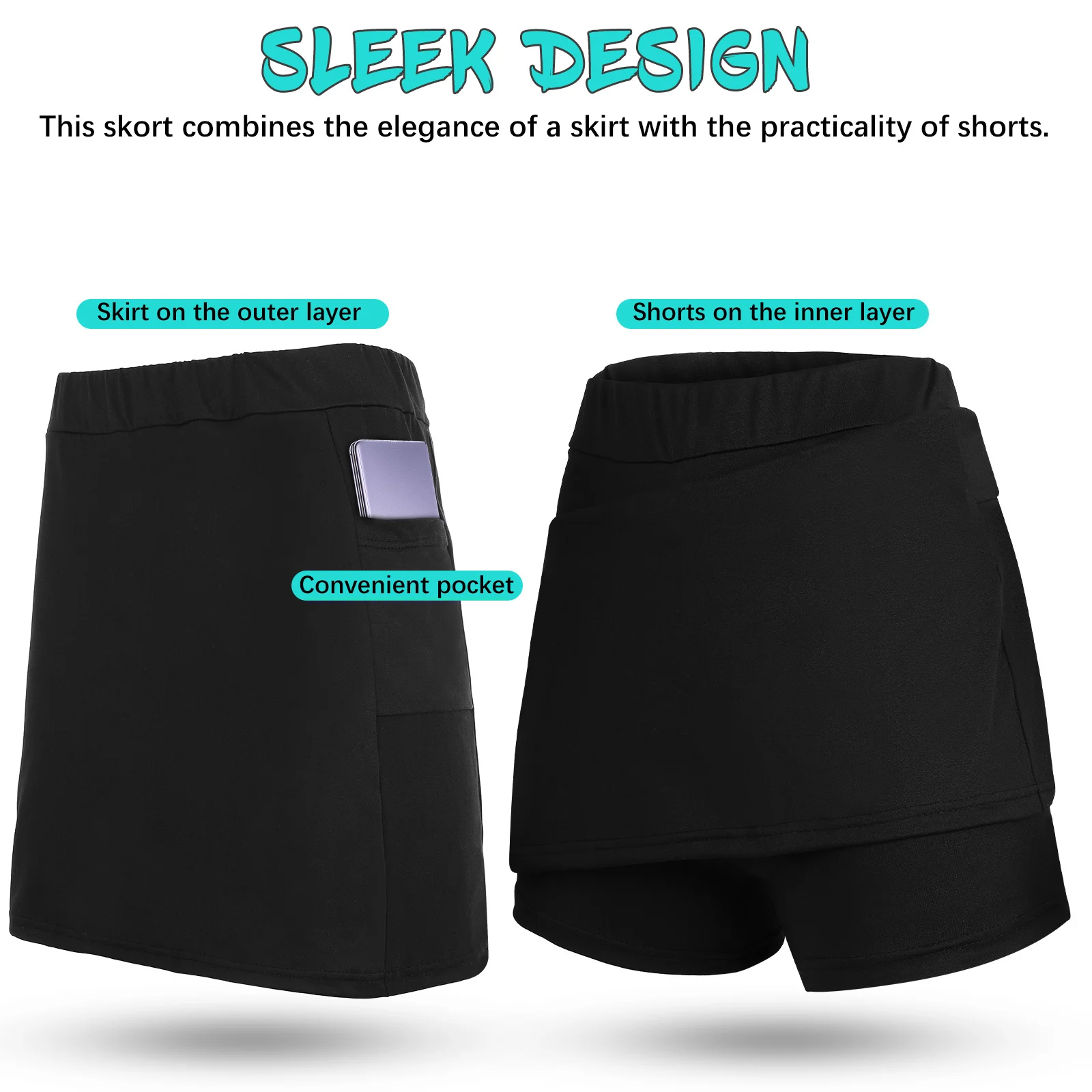 

Black S-size Mid-waist Skirt Shorts Polyester Lightweight Breathable Women Tennis Golf Yoga Summer Dressy Casual Skorts