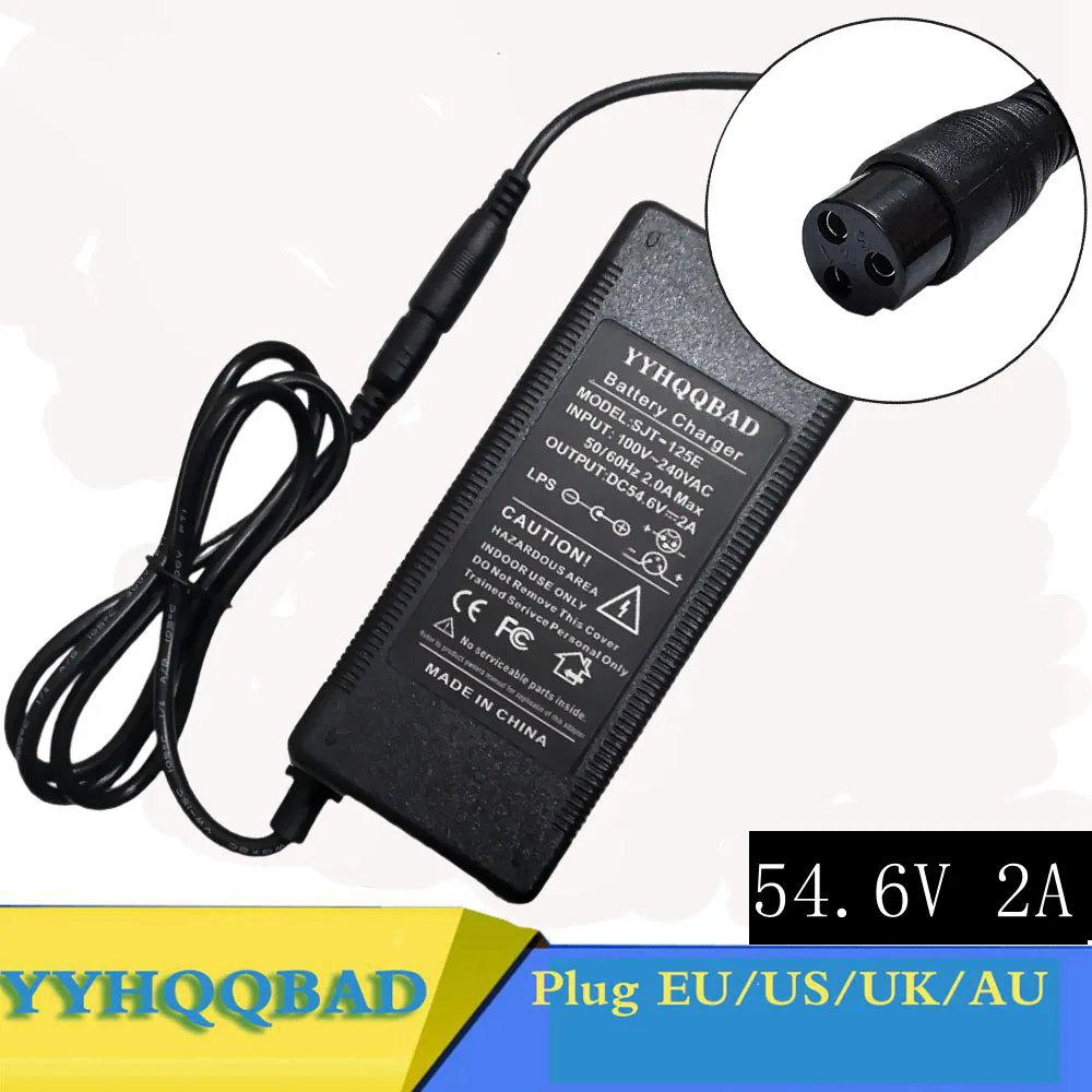54.6V 2A Charger for 48V Lithium Battery Pack GX16 3-Prong Inline Connector