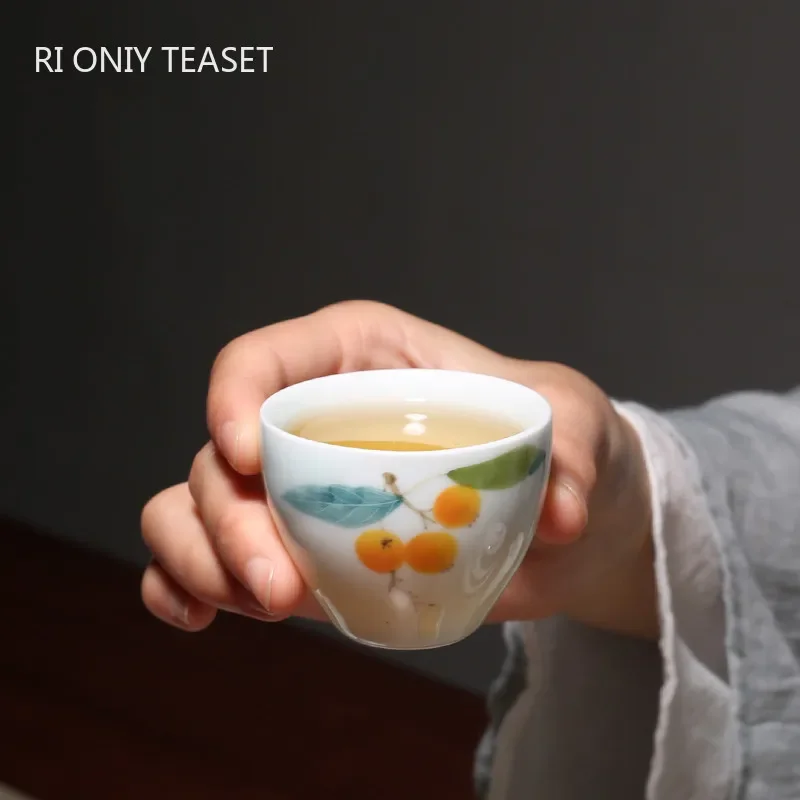 1 Pc Chinese Handmade Ceramic Teacup Master Hand-painted Loquat Porcelain Tea Bowl Travel Meditation Cup Tea Set Accessories