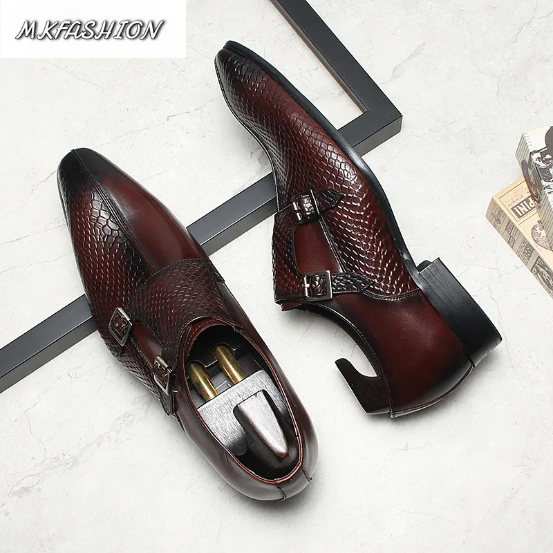 New Fashion Men Leather Wedding Shoes Pointed Toe Business Casual Double Buckle Oxfords