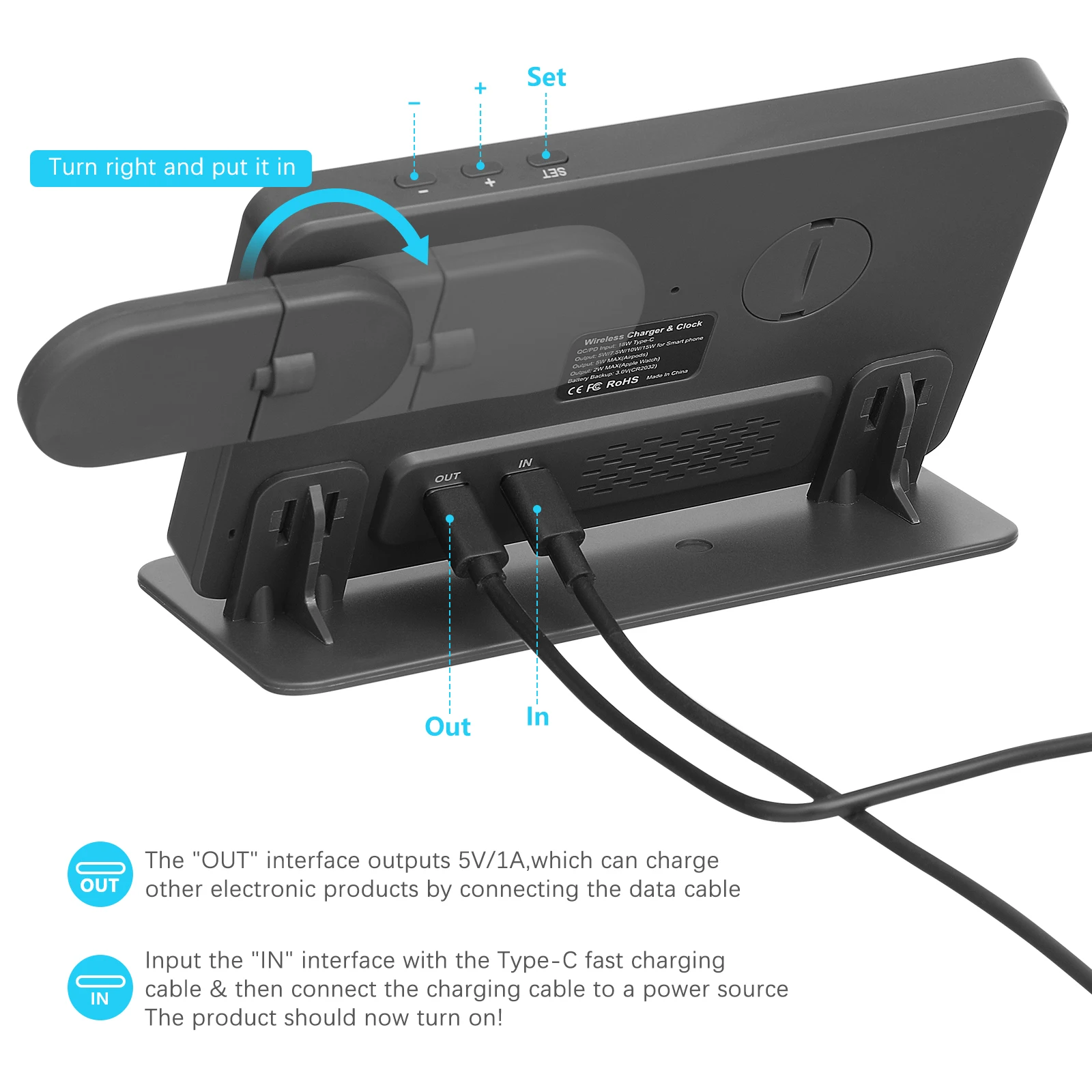 

Wireless 4-in-1 Charging Stand Digital Clock Temperature Display Multifunctional Charging Station Compatible with Phone