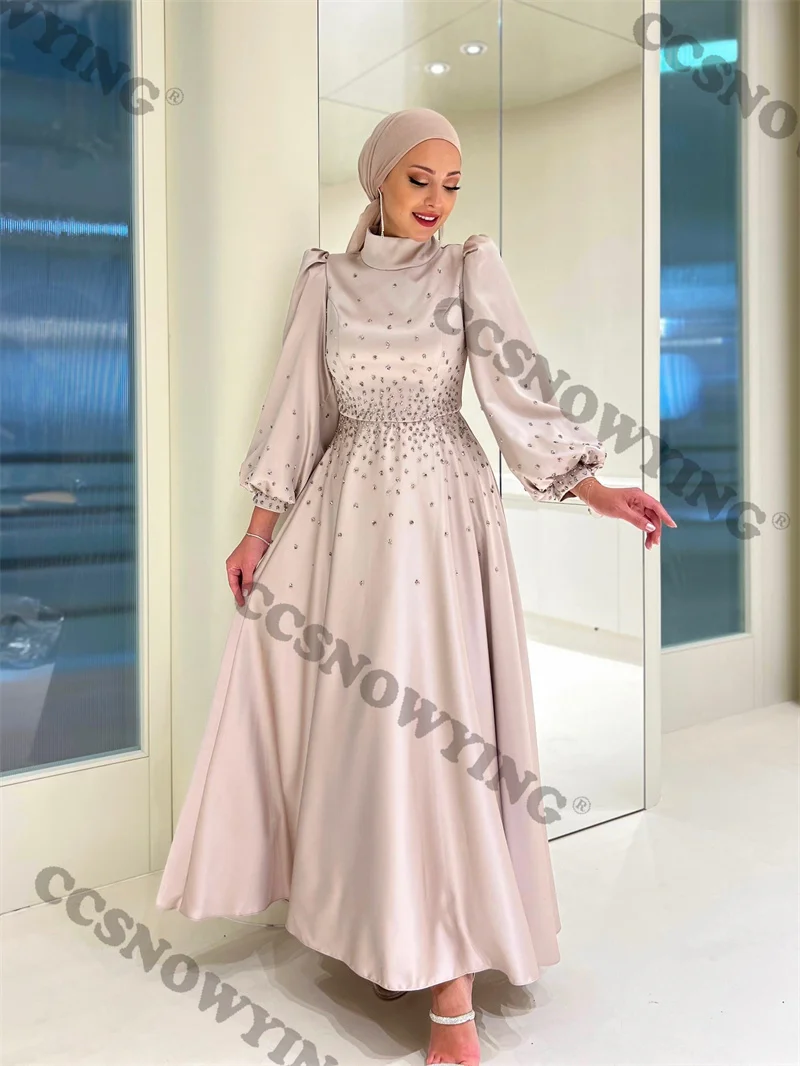 Vestidos Hijab de cetim frisado para mulheres muçulmanas, manga comprida, gola alta, islâmico, vestido de festa formal, árabe, Dubai