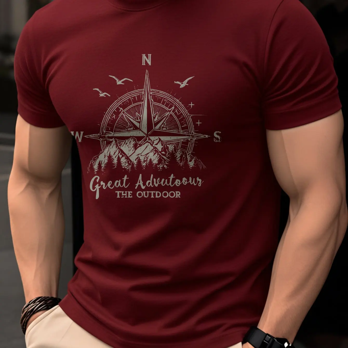 Sommerliches Herren-T-Shirt aus 100 % reiner Baumwolle, lässig, modisch, locker, Retro-Kompass-Bergmuster, bedruckt, Rundhalsausschnitt, kurzärmelig – Detail 14