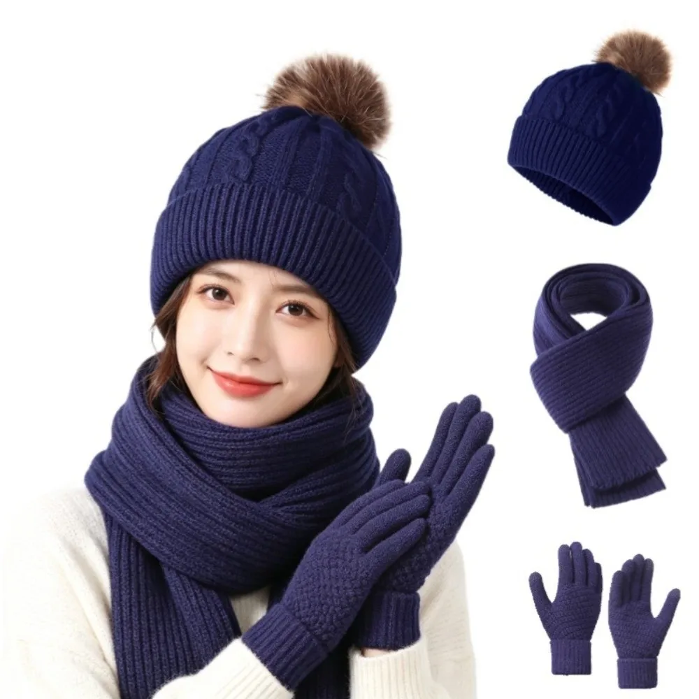 3Pcs/Set Cold Proof Scarf Hat Gloves Set Elastic Touch Screen Woolen Hat Solid Color Warmer Mittens Knitted Scarf Men