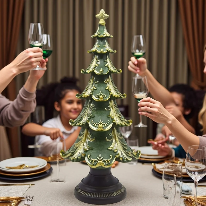 Christmas Table Decorations Vintage Xmas Golden Resin Tree Tabletop Pine Tree for Holiday Party Mantle Fireplace Dining Room