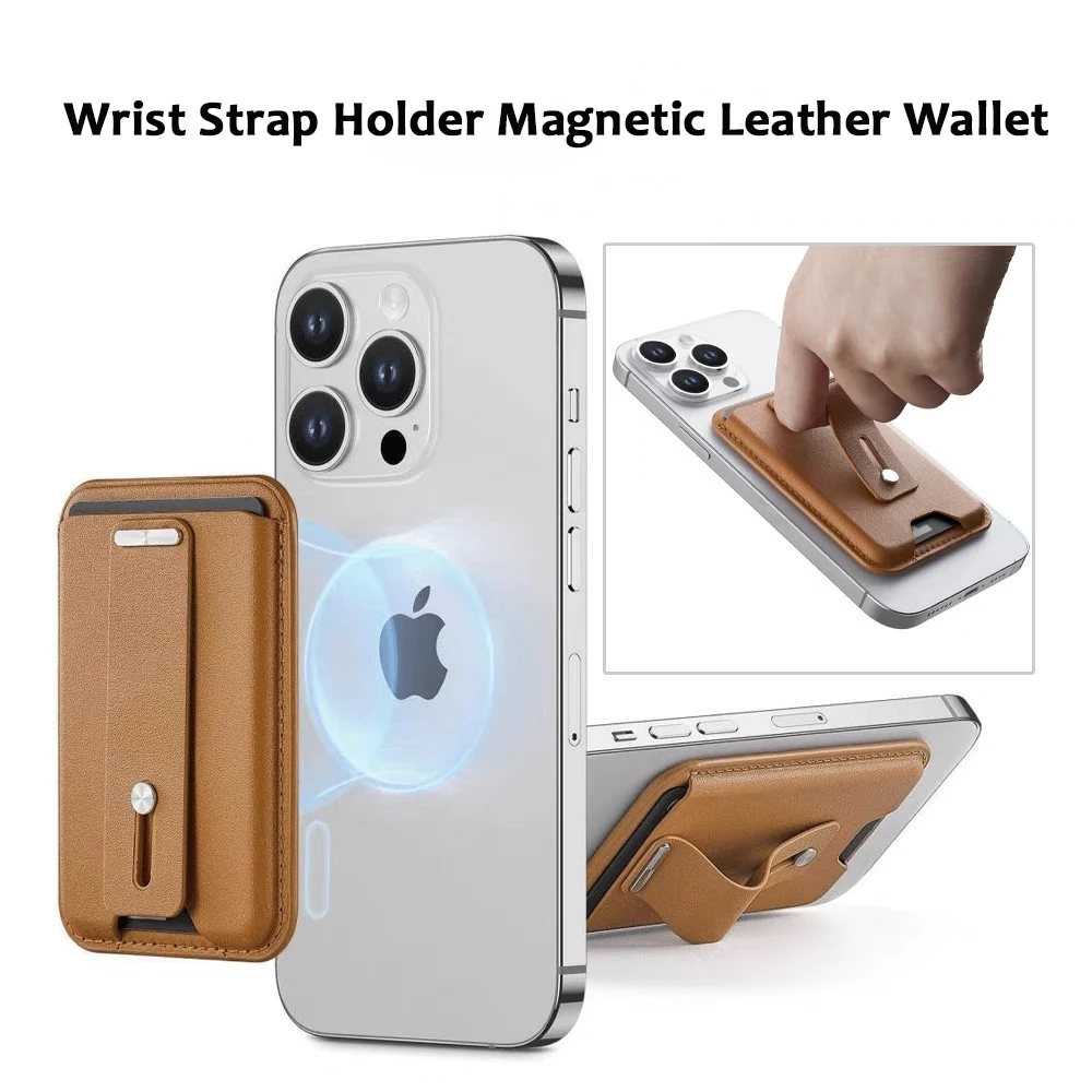 Leather Slot Card Bag Wrist Strap Holder Magnetic Wallet Case For iPhone 15 16 Pro Max 14 13 12 For Samsung S24 Ultra S23 Plus