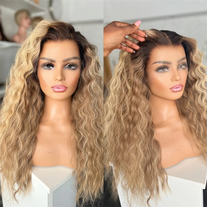 

Длинный волнистый вьющийся парик спереди, светлый блондин, средняя часть, синтетический парик спереди с темными корнями, парики из термостойкого волокна