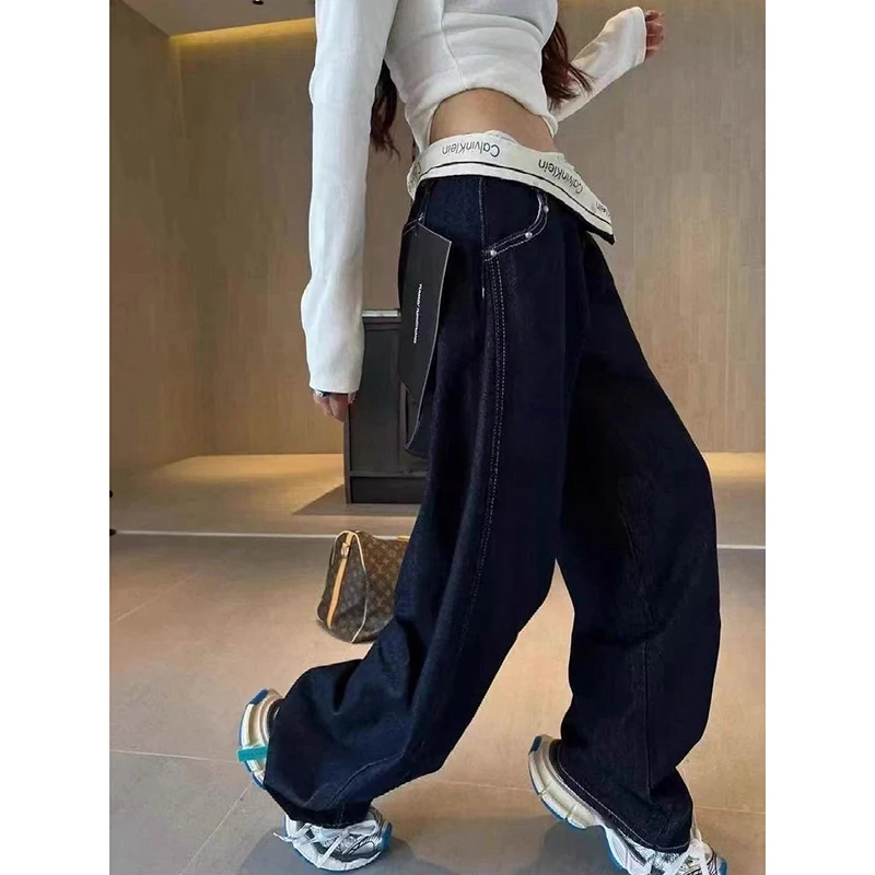 

ZHIZOU, осенние женские мешковатые синие джинсы Y2k, джинсовые брюки в американском стиле 2000-х годов, винтажные джинсовые брюки в стиле Харадзюку с буквенным принтом, одежда