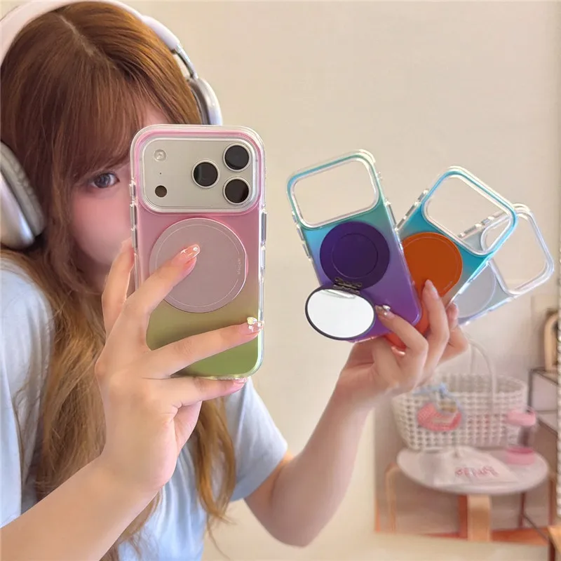 

European style trendy portable mirror holder gradient suitable for 13 14 15 16 17 Pro Max phone case anti fall protection cover