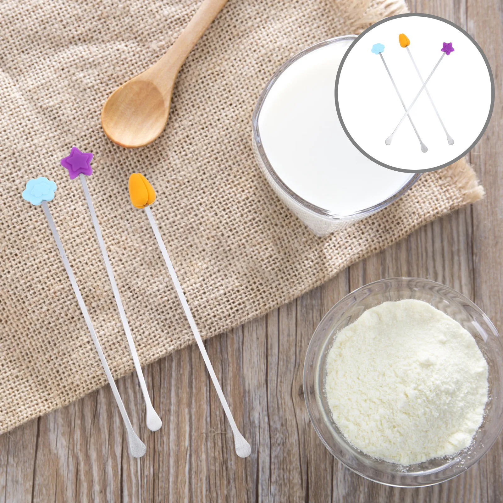 

3Pcs Milk Powder Stirring Sticks Long Handle Silicone Tip Stainless Steel Mixing Rods Portable Baby Milk Mixer Iced Coffee