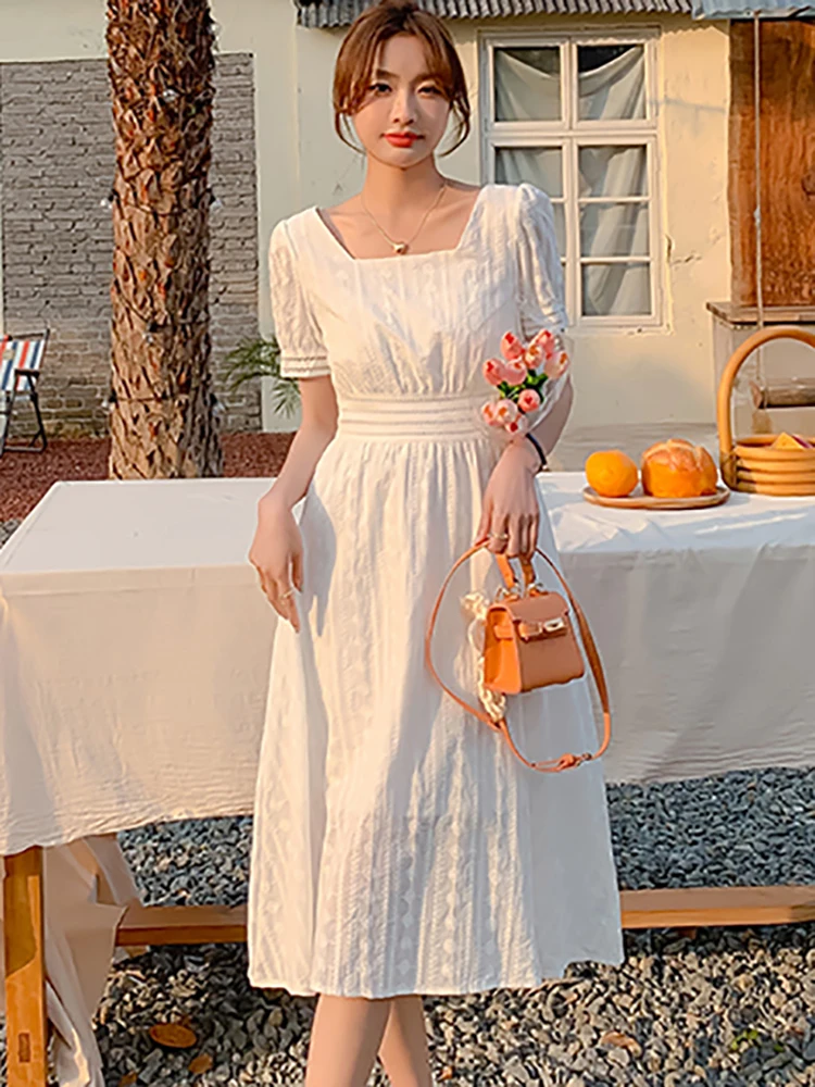 white christmas dresses Korean Style] Pink Puff Sleeve Ruffled Chiffon Short Midi Dress – Ordicle main image 0