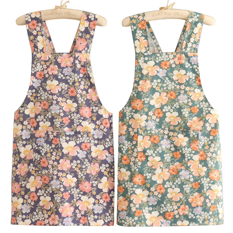 Household Floral Cotton Apron Cute Woman Kitchen Oil Proof Apron No Tie Sleeveless Wide Shoulder Strap Breathable BIB