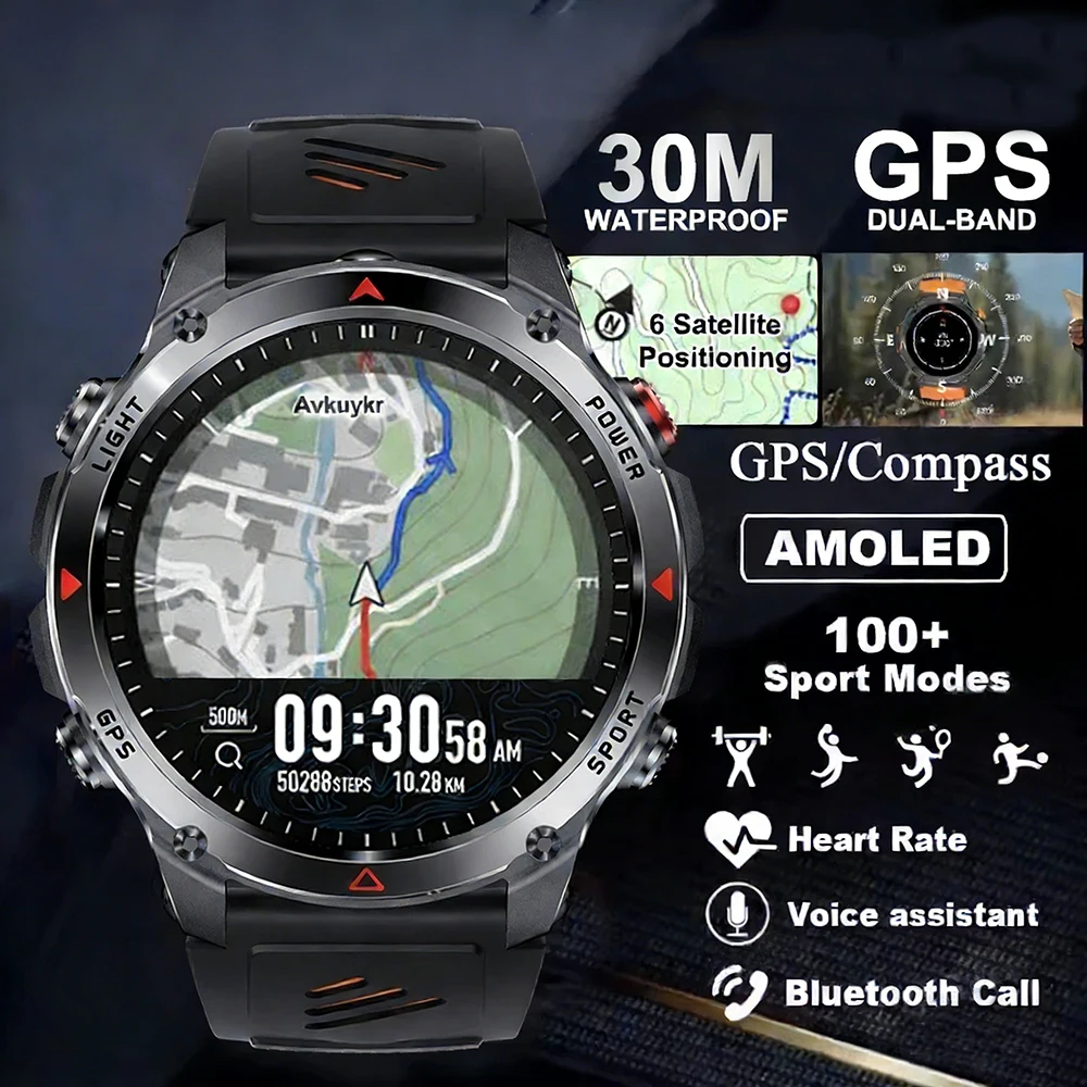 

Военные умные часы с GPS для мужчин, водонепроницаемые (3ATM), с AMOLED-экраном, многодиапазонным GNSS, компасом, альтиметром, фонариком, спортивные смарт-часы для мужчин