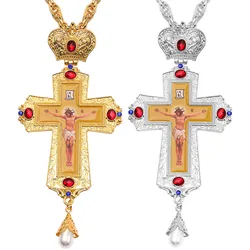 Men's Necklace Christian Orthodox Crucifix Jesus Russian Cross Prayer Big Pendant Necklace Russia Jewelry Pastor Collar