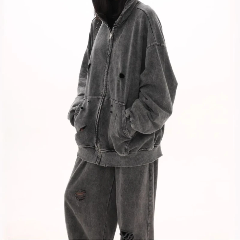 

2025 Autumn and Winter Ripped Long-sleeved Hooded Sweater Washed Heavy Loose Versatile Retro