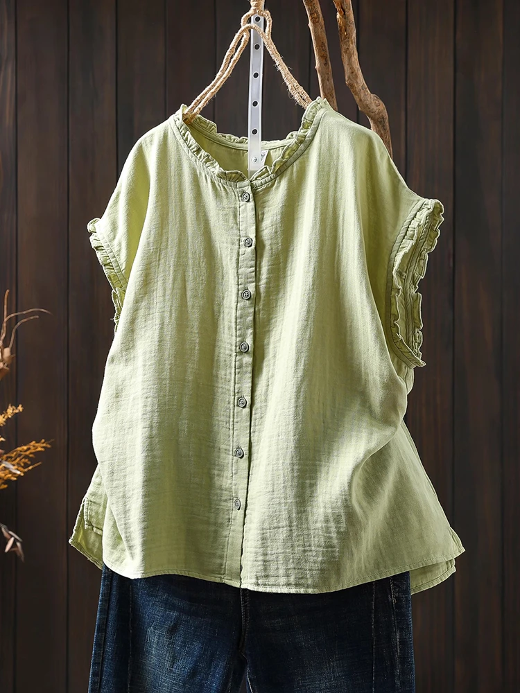 

Женская повседневная хлопковая рубашка, Новое поступление, лето 2022, винтажный стиль, однотонные свободные женские топы с летящими рукавами, рубашки M1663